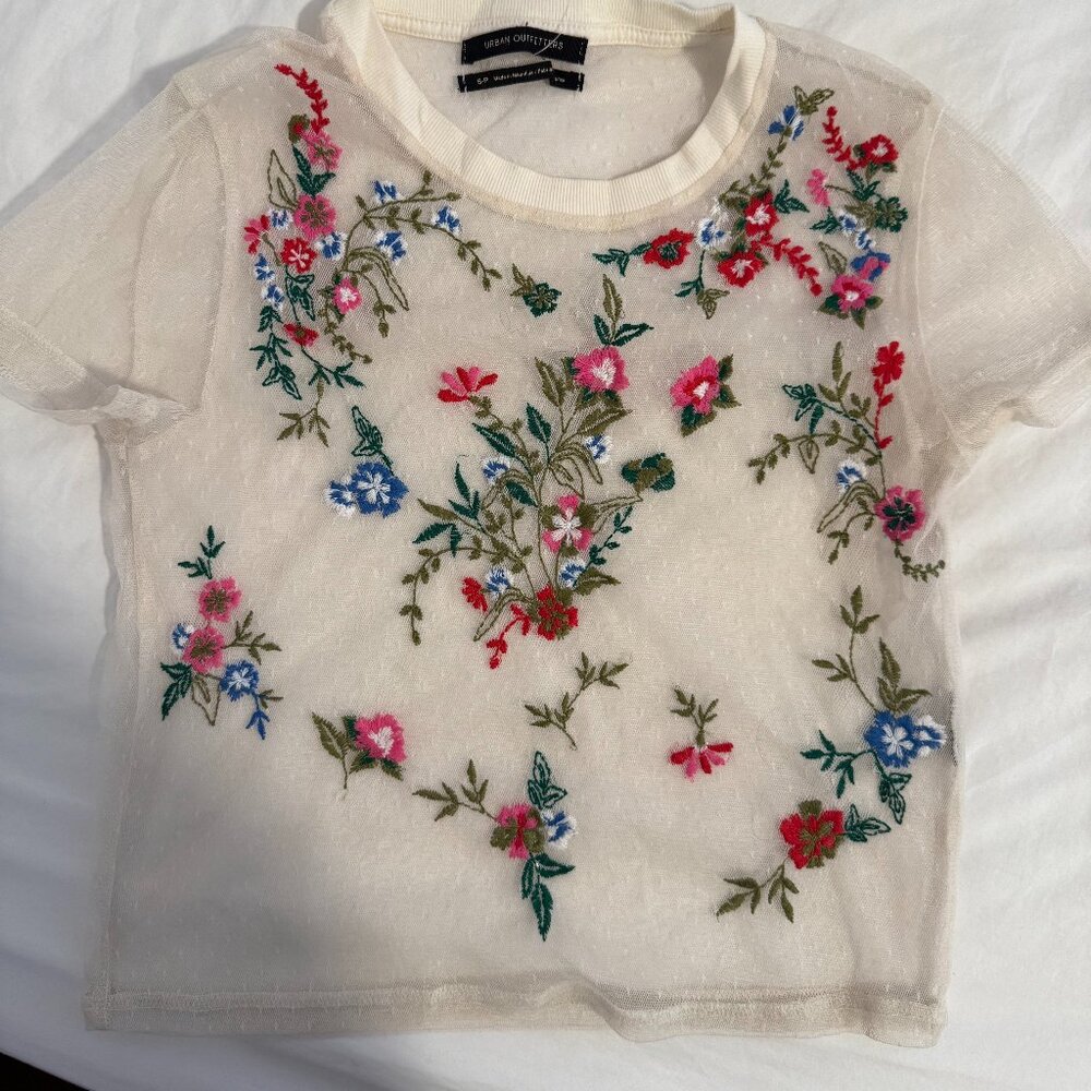 Urban Outfitters Embroidered Floral Mesh Crop Top
